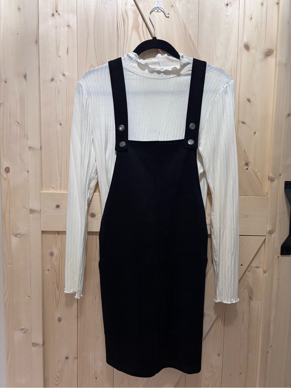 Forever 21 Black Pinafore Dress & Ambiance white long sleeve top- Women